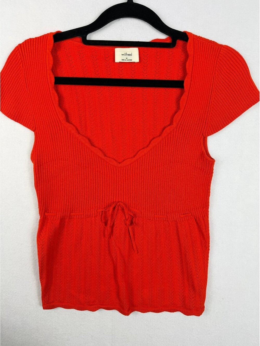 Wilfred Aritzia Orange Knit Top Size M Sweetheart Neckline Pointelle Crop